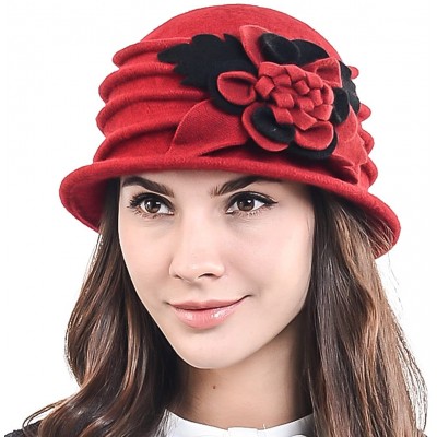 Bucket Hats Women's Elegant Flower Wool Cloche Bucket Ridgy Bowler Hat 09-co20 - Red - C8125YOO3NN $20.84