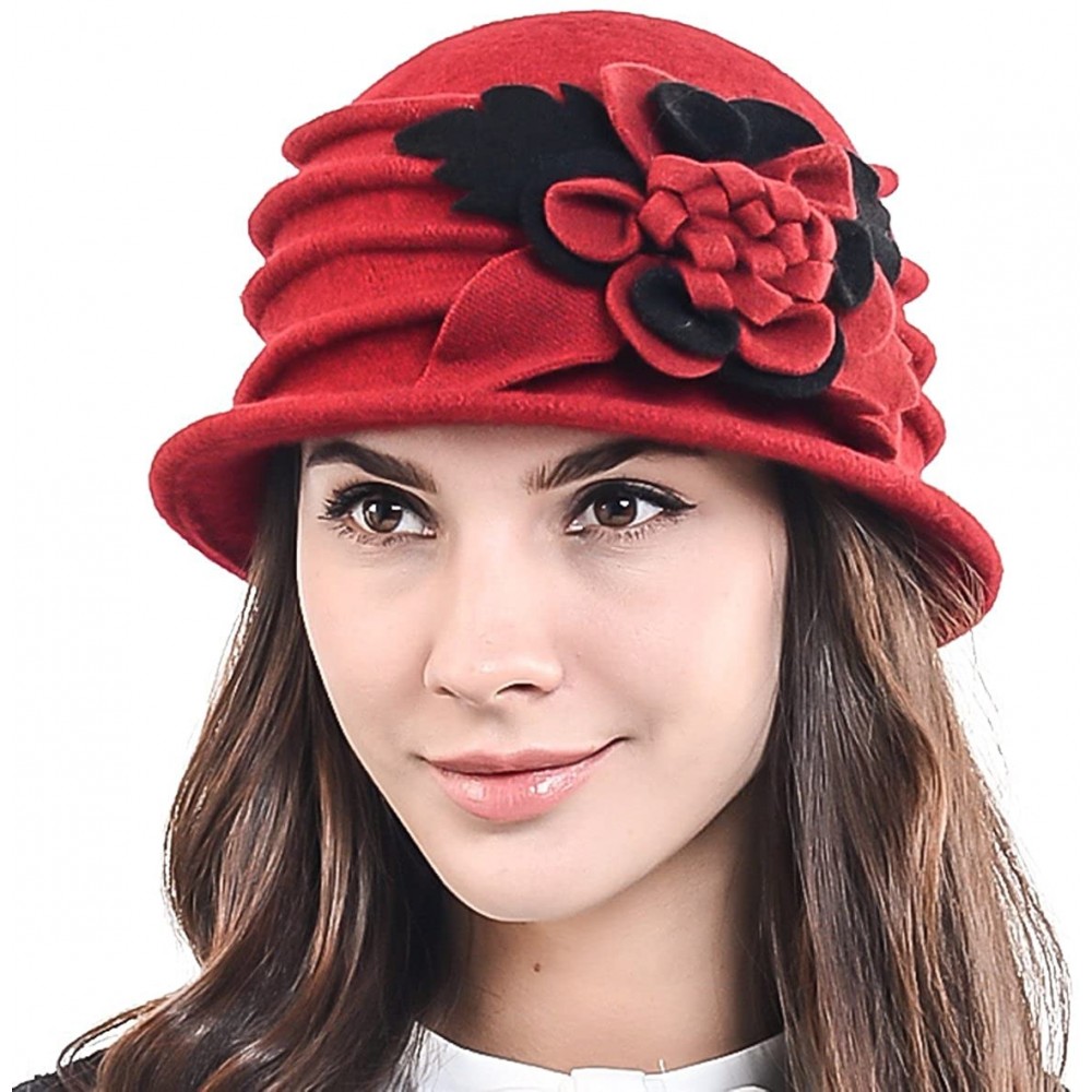Bucket Hats Women's Elegant Flower Wool Cloche Bucket Ridgy Bowler Hat 09-co20 - Red - C8125YOO3NN $20.84
