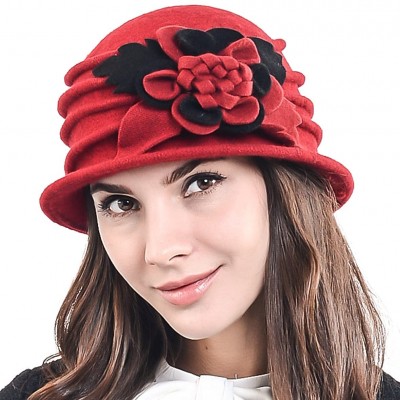 Bucket Hats Women's Elegant Flower Wool Cloche Bucket Ridgy Bowler Hat 09-co20 - Red - C8125YOO3NN $20.84