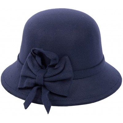 Fedoras Women's Retro Ribbon Flower Bow Solid Color Fedora Bowler Hat Caps - Navy - CW193335XDZ $8.49