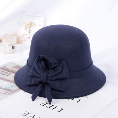 Fedoras Women's Retro Ribbon Flower Bow Solid Color Fedora Bowler Hat Caps - Navy - CW193335XDZ $8.49