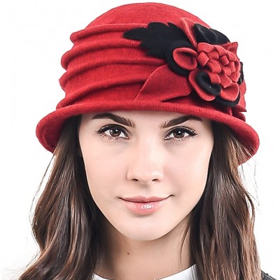 Bucket Hats Women's Elegant Flower Wool Cloche Bucket Ridgy Bowler Hat 09-co20 - Red - C8125YOO3NN $20.84