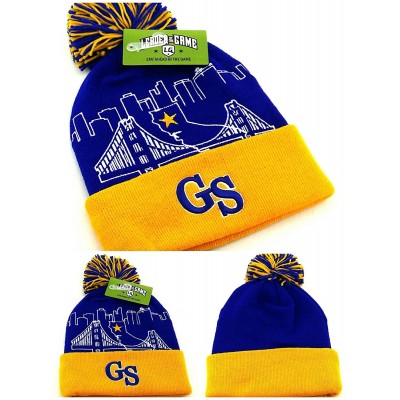 Skullies & Beanies Golden State New Leader Knit Skyline Bridge Beanie Toque Blue Gold Cuffed Pom Era Hat Cap - CB18X4XOX6U $1...