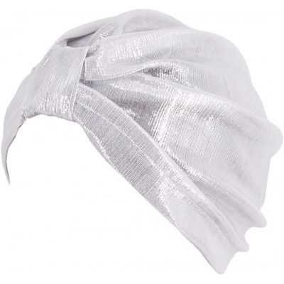 Skullies & Beanies Shiny Metallic Turban Cap Indian Pleated Headwrap Swami Hat Chemo Cap for Women - White Knot - CT1925DZDIX...