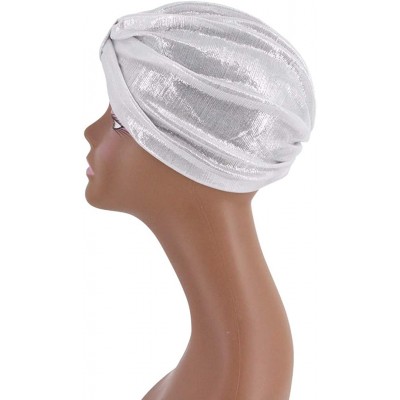 Skullies & Beanies Shiny Metallic Turban Cap Indian Pleated Headwrap Swami Hat Chemo Cap for Women - White Knot - CT1925DZDIX...