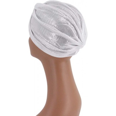 Skullies & Beanies Shiny Metallic Turban Cap Indian Pleated Headwrap Swami Hat Chemo Cap for Women - White Knot - CT1925DZDIX...