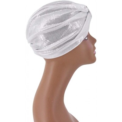 Skullies & Beanies Shiny Metallic Turban Cap Indian Pleated Headwrap Swami Hat Chemo Cap for Women - White Knot - CT1925DZDIX...