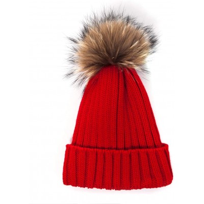 Skullies & Beanies Big Fur Pom Pom Hat - Winter Knit hat for Women Thick Warm Caps Skullies Beanies AH62 - Red 62 - CZ189LTHE...