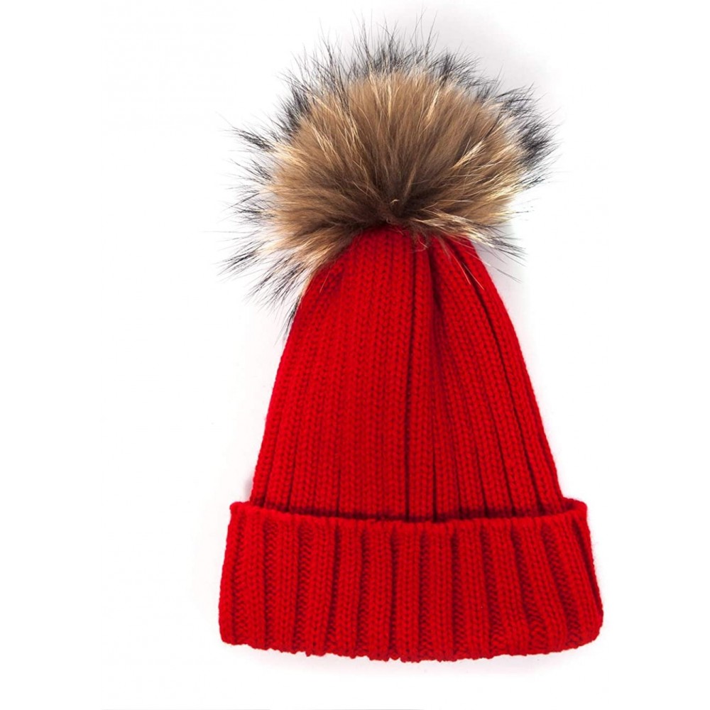 Skullies & Beanies Big Fur Pom Pom Hat - Winter Knit hat for Women Thick Warm Caps Skullies Beanies AH62 - Red 62 - CZ189LTHE...