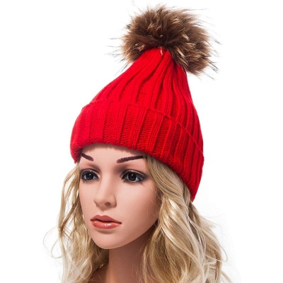 Skullies & Beanies Big Fur Pom Pom Hat - Winter Knit hat for Women Thick Warm Caps Skullies Beanies AH62 - Red 62 - CZ189LTHE...