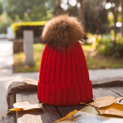 Skullies & Beanies Big Fur Pom Pom Hat - Winter Knit hat for Women Thick Warm Caps Skullies Beanies AH62 - Red 62 - CZ189LTHE...