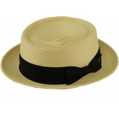 Fedoras Men's Everyday Light Summer Ribbon Porkpie Boater Derby Fedora Sun Hat - Natural - CU18DIX20HE $33.14