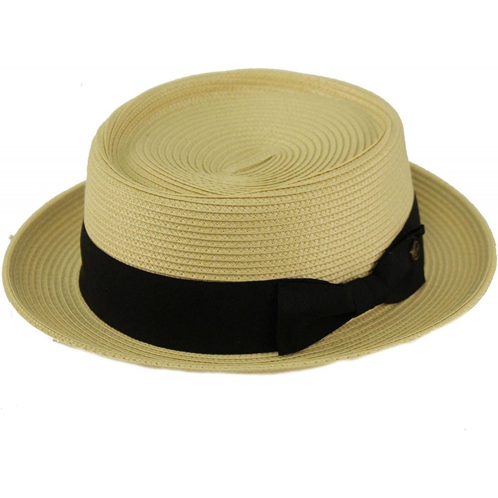 Fedoras Men's Everyday Light Summer Ribbon Porkpie Boater Derby Fedora Sun Hat - Natural - CU18DIX20HE $33.14
