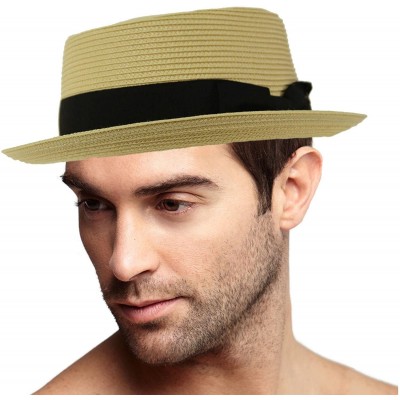 Fedoras Men's Everyday Light Summer Ribbon Porkpie Boater Derby Fedora Sun Hat - Natural - CU18DIX20HE $33.14