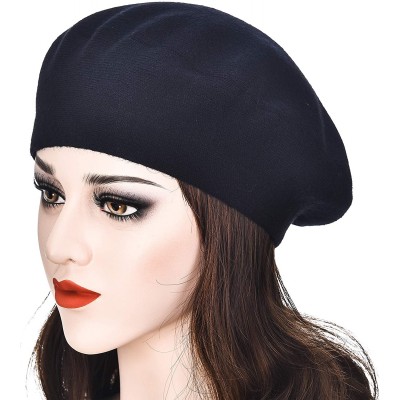 Berets Womens French Beret hat- Reversible Solid Color Cashmere Mosaic Warm Beret Cap for Girls - Black Beret - CF1925ILCH9 $...