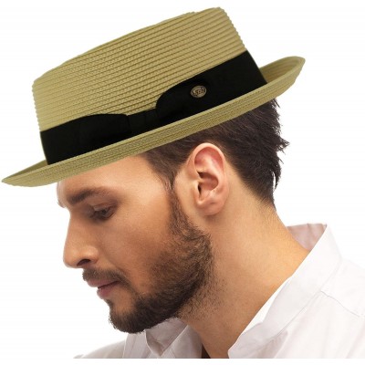 Fedoras Men's Everyday Light Summer Ribbon Porkpie Boater Derby Fedora Sun Hat - Natural - CU18DIX20HE $33.14