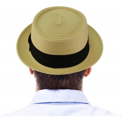 Fedoras Men's Everyday Light Summer Ribbon Porkpie Boater Derby Fedora Sun Hat - Natural - CU18DIX20HE $33.14