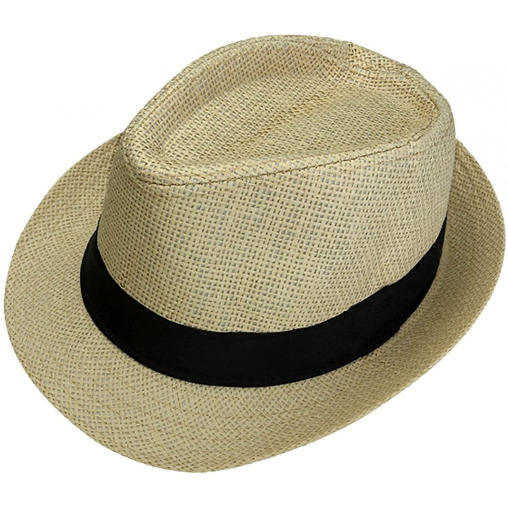 Fedoras Straw Panama Hat Short Brim Trilby Fedora Hat Summer Beach Sun Hats Women Men - 03-beige - CL194HSCON6 $21.84