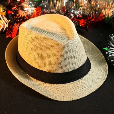 Fedoras Straw Panama Hat Short Brim Trilby Fedora Hat Summer Beach Sun Hats Women Men - 03-beige - CL194HSCON6 $21.84