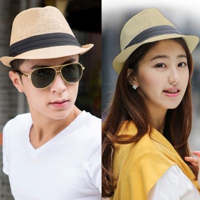 Fedoras Straw Panama Hat Short Brim Trilby Fedora Hat Summer Beach Sun Hats Women Men - 03-beige - CL194HSCON6 $21.84