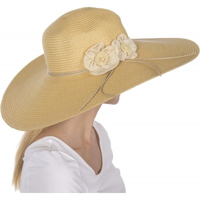 Sun Hats Bella UPF 50+ 100% Paper Straw Flower Accent Wide Brim Floppy Hat - Natural - CM1190EY3D9 $22.71