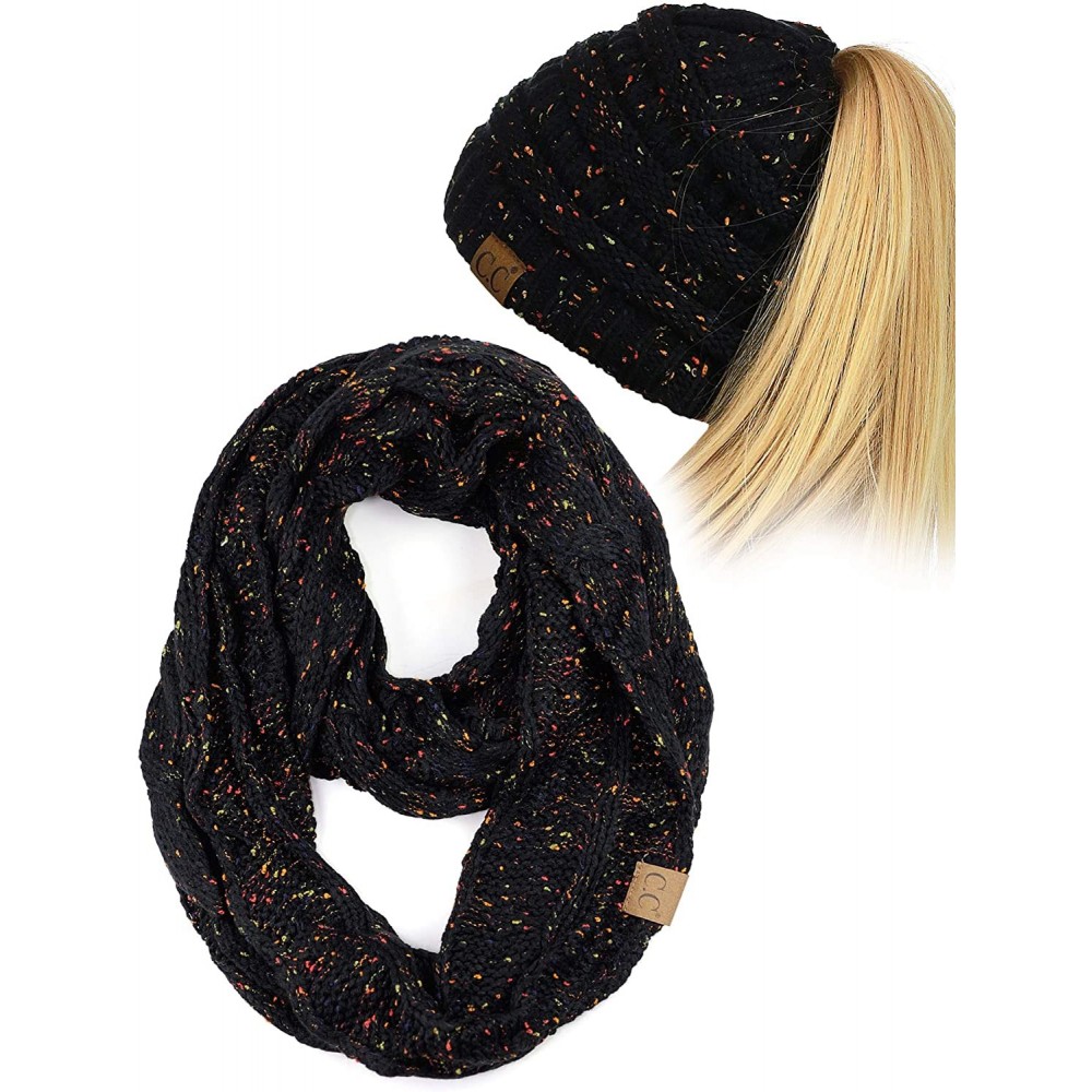 Skullies & Beanies Colorful Confetti BeanieTail Messy High Bun Cable Knit Beanie and Infinity Loop Scarf Set - Black - CK18KK...