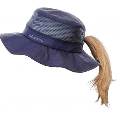 Sun Hats Ponytail Bucket Hat UPF 50+ Messy Bun Sun Hat Wide Brim Mesh Cap - Navy W/ Removable Chin Strap - C619768HGHM $22.88