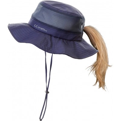 Sun Hats Ponytail Bucket Hat UPF 50+ Messy Bun Sun Hat Wide Brim Mesh Cap - Navy W/ Removable Chin Strap - C619768HGHM $22.88