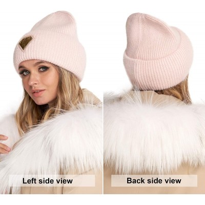 Skullies & Beanies Cuff Beanie - Wool Fold Watch Cap for Women - Diamond Fluffy Ribbed Knit Angora Stocking Ski Hat - Pink - ...