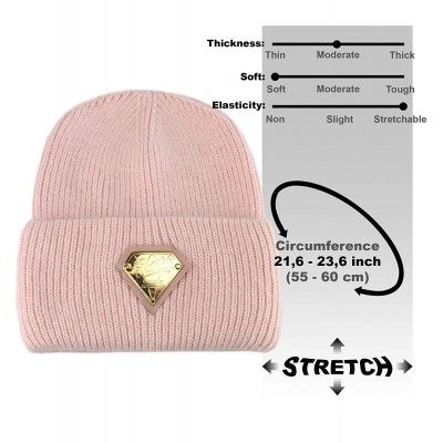 Skullies & Beanies Cuff Beanie - Wool Fold Watch Cap for Women - Diamond Fluffy Ribbed Knit Angora Stocking Ski Hat - Pink - ...
