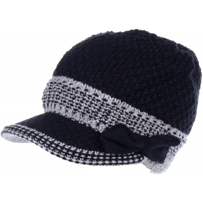 Newsboy Caps Womens Winter Chic Cable Warm Fleece Lined Crochet Knit Hat W/Visor Newsboy Cabbie Cap - Black Bow - C718603QQ6X...