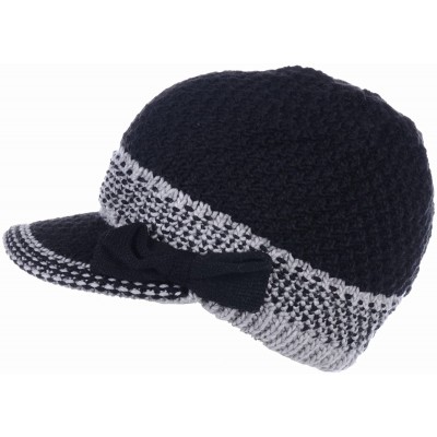 Newsboy Caps Womens Winter Chic Cable Warm Fleece Lined Crochet Knit Hat W/Visor Newsboy Cabbie Cap - Black Bow - C718603QQ6X...