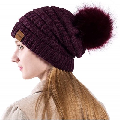 Skullies & Beanies Womens Winter Slouchy Beanie Hat- Knit Warm Fleece Lined Thick Thermal Soft Ski Cap with Pom Pom - Dark Pu...