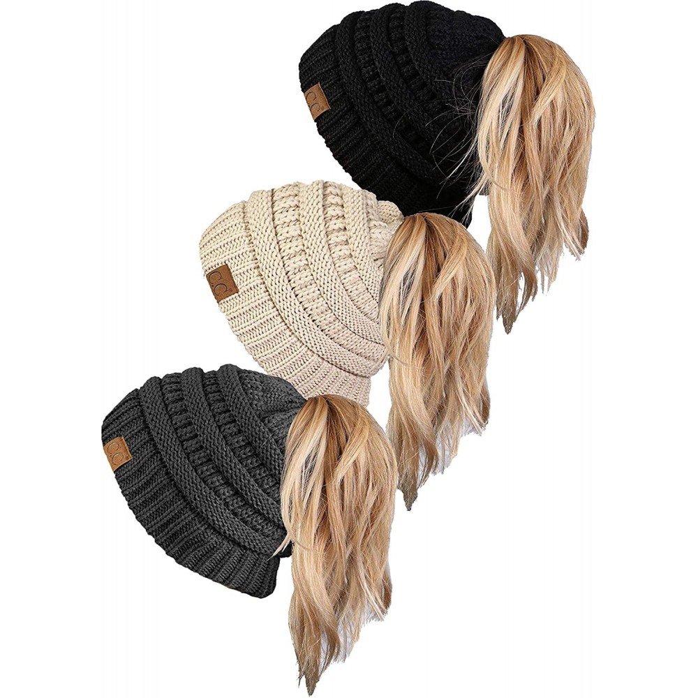 Skullies & Beanies Ponytail Messy Bun BeanieTail Women's Beanie Solid Ribbed Hat Cap - CN18NDENITT $32.84