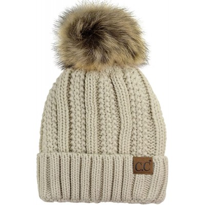 Skullies & Beanies Thick Cable Knit Faux Fuzzy Fur Pom Fleece Lined Skull Cap Cuff Beanie - Beige - C9185IRIGUE $17.51