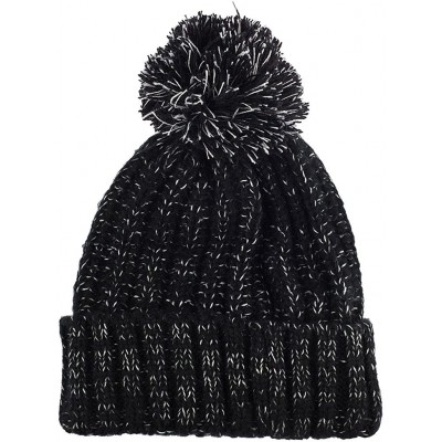 Skullies & Beanies Black & White Accent Warm Winter Pom Pom Hat Skull Cap - Black - CN129G6QRPR $24.80