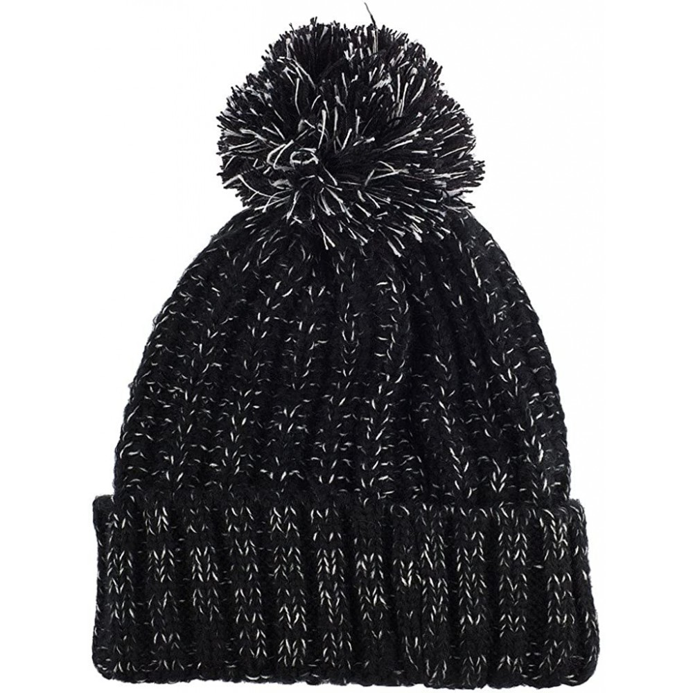Skullies & Beanies Black & White Accent Warm Winter Pom Pom Hat Skull Cap - Black - CN129G6QRPR $13.53