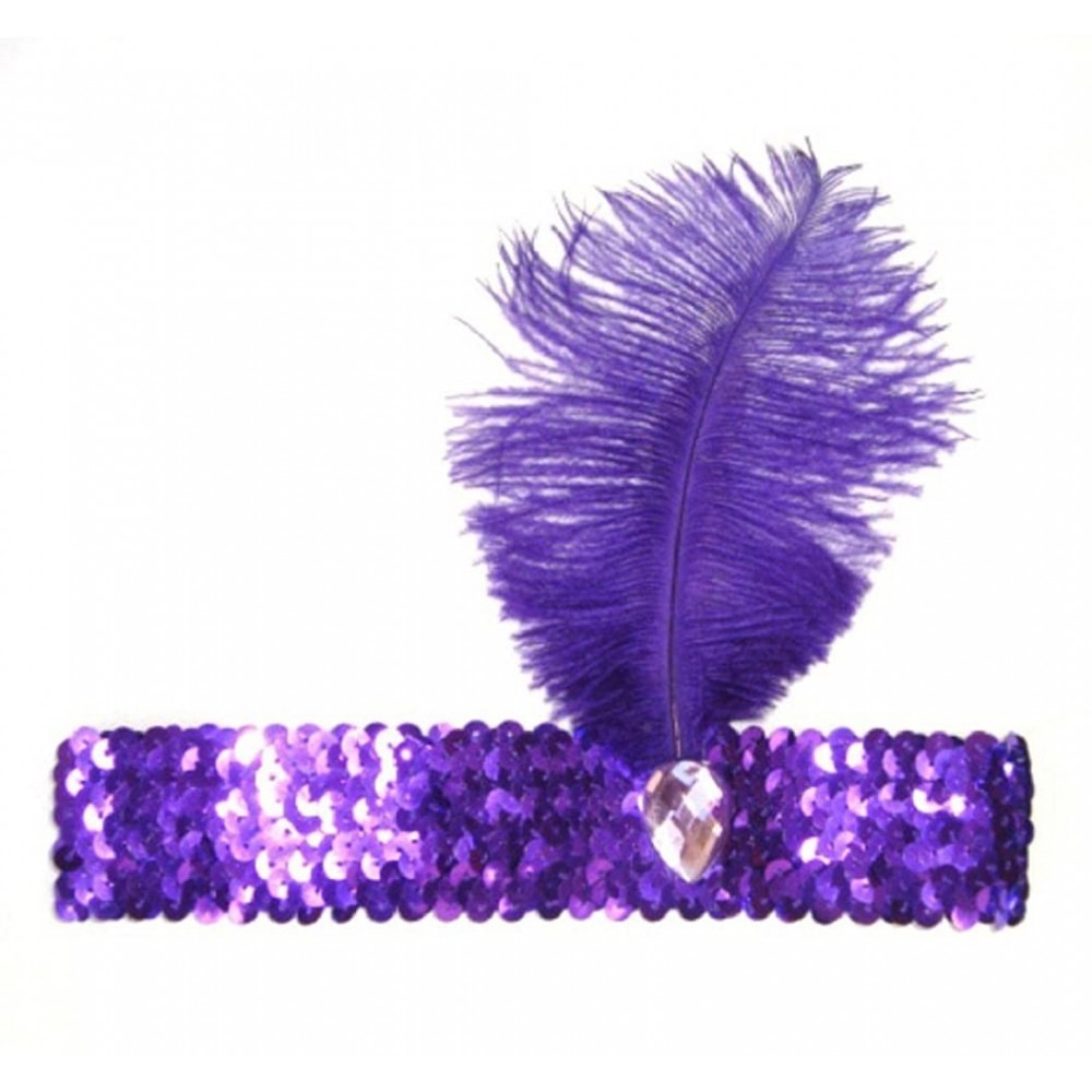 Headbands Roaring 20's Sequined Showgirl Flapper Headband Black with Feather Plume - Purple - C412KHEHGPH $8.70