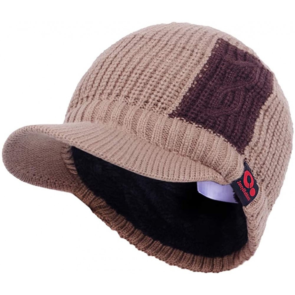 Visors Sports Winter Two Tone Visor Beanie with Bill Knit Hat with Brim Fleece Lined Ski Cap - Khaki - CB1895RI3R3 $32.54