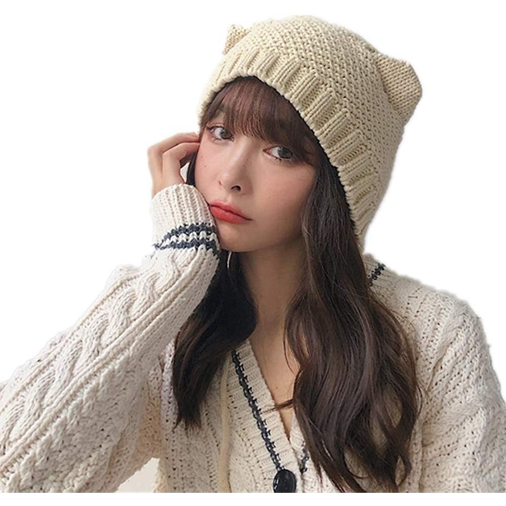 Skullies & Beanies Women Cat Ear Beanie Hat Wool Braided Knit Trendy Winter Warm Cap - Beige 1 - CH18A9NTXN3 $15.35