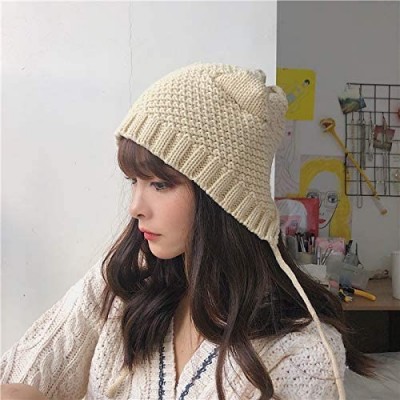 Skullies & Beanies Women Cat Ear Beanie Hat Wool Braided Knit Trendy Winter Warm Cap - Beige 1 - CH18A9NTXN3 $15.35