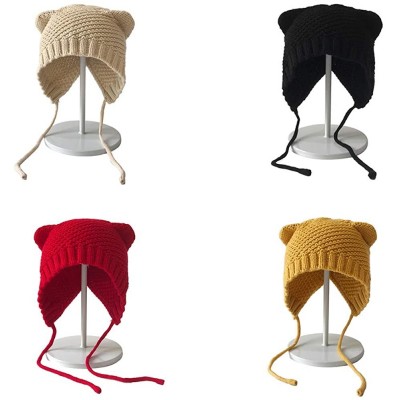 Skullies & Beanies Women Cat Ear Beanie Hat Wool Braided Knit Trendy Winter Warm Cap - Beige 1 - CH18A9NTXN3 $15.35