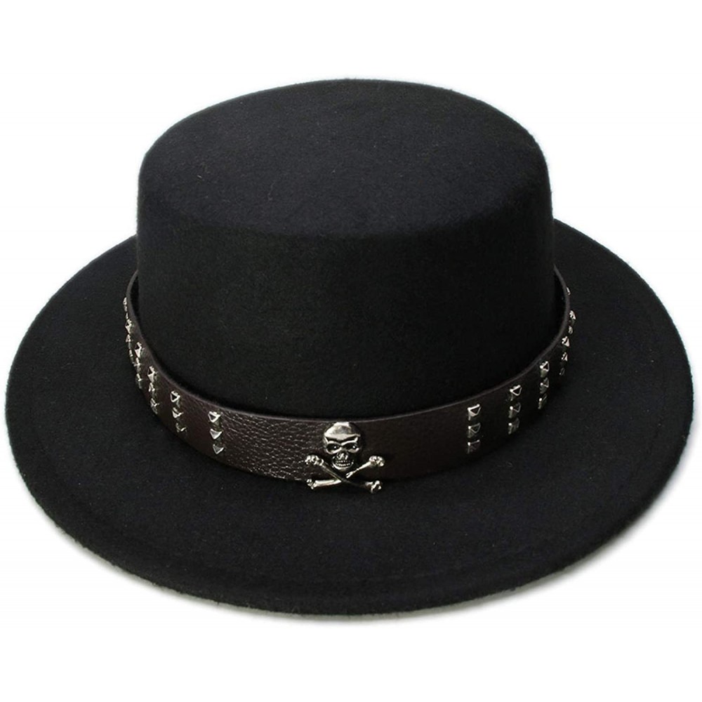 Fedoras Women Men Vintage 100% Wool Wide Brim Bowler Hat Skull Bead Leather Band (57cm/Adjust) - Black - CG18ME9WTGD $37.84