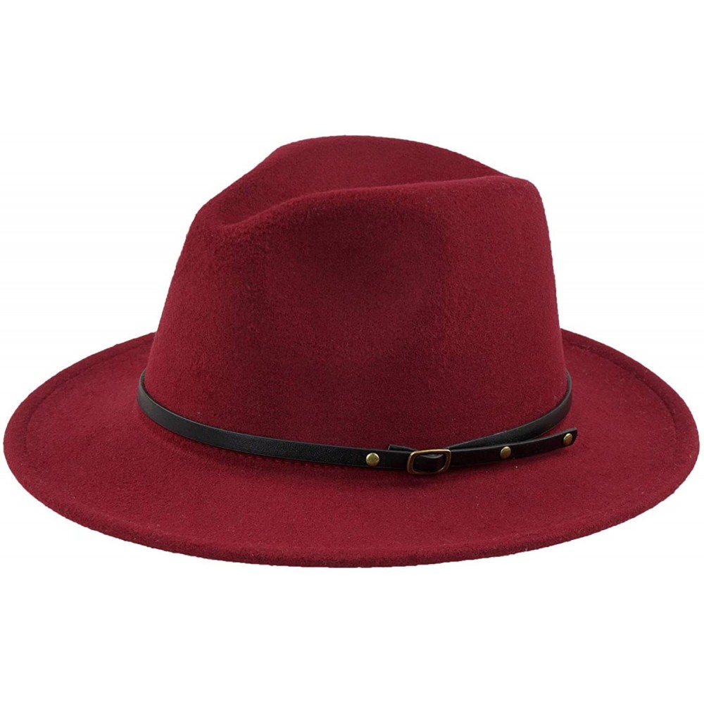 Fedoras Women Fedora Hat Wide Brim Felt hat with Belt Buckle Panama Hat Vintage Jazz Hat - A-claret Red - CU18IG4ASLM $16.04