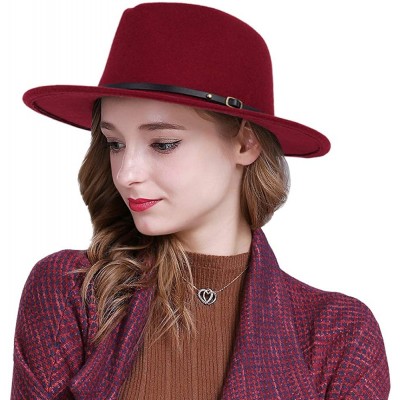 Fedoras Women Fedora Hat Wide Brim Felt hat with Belt Buckle Panama Hat Vintage Jazz Hat - A-claret Red - CU18IG4ASLM $16.04