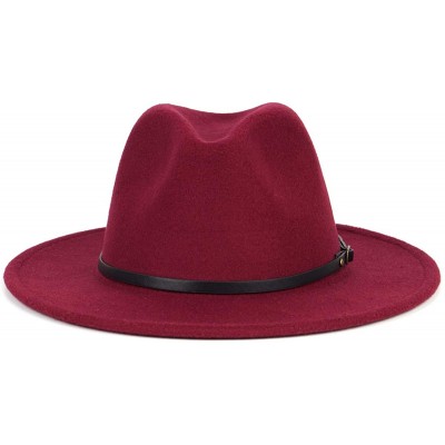 Fedoras Women Fedora Hat Wide Brim Felt hat with Belt Buckle Panama Hat Vintage Jazz Hat - A-claret Red - CU18IG4ASLM $16.04