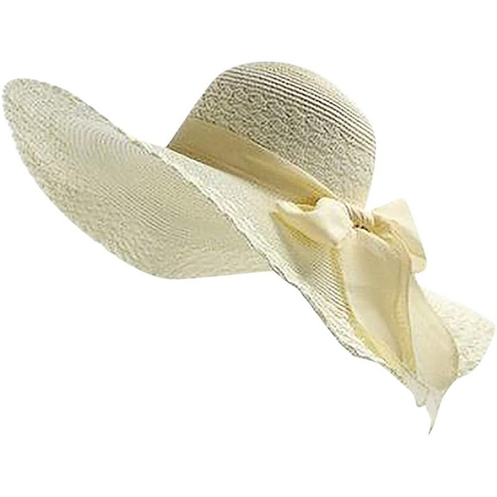 Sun Hats Fashion Women Colorful Big Brim Straw Bow Hat Sun Floppy Wide Brim Hats Beach Cap - Beige - C818OXEOYGZ $9.66