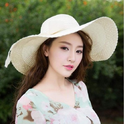 Sun Hats Fashion Women Colorful Big Brim Straw Bow Hat Sun Floppy Wide Brim Hats Beach Cap - Beige - C818OXEOYGZ $9.66