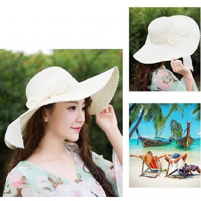 Sun Hats Fashion Women Colorful Big Brim Straw Bow Hat Sun Floppy Wide Brim Hats Beach Cap - Beige - C818OXEOYGZ $9.66