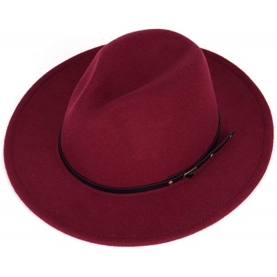 Fedoras Women Fedora Hat Wide Brim Felt hat with Belt Buckle Panama Hat Vintage Jazz Hat - A-claret Red - CU18IG4ASLM $16.04